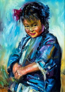 Filastro Mottola (CA,NJ,1915-2008) oil painting: ARTIST: Filastro Matthew Mottola (California, New Jersey, 1915 - 2008) NAME: Portarait of Girl - Maria MEDIUM: oil on board CONDITION: Very good. No visible inpaint under UV light. SIGHT SIZE: 12 x 9
