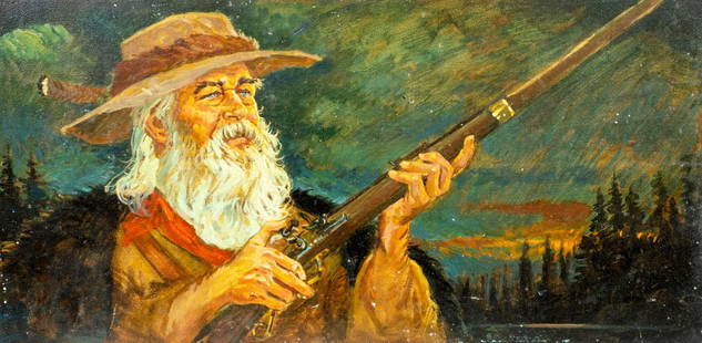ATTR Alton Tobey (CT,1914-2005) oil painting: ARTIST: ATTRIBUTED TO Alton Stanley Tobey (Connecticut, 1914 - 2005) TITLE: Frontiersman MEDIUM: oil on board CONDITION: Few minor scratches/paint losses. Two small inpantings. Normal wear along