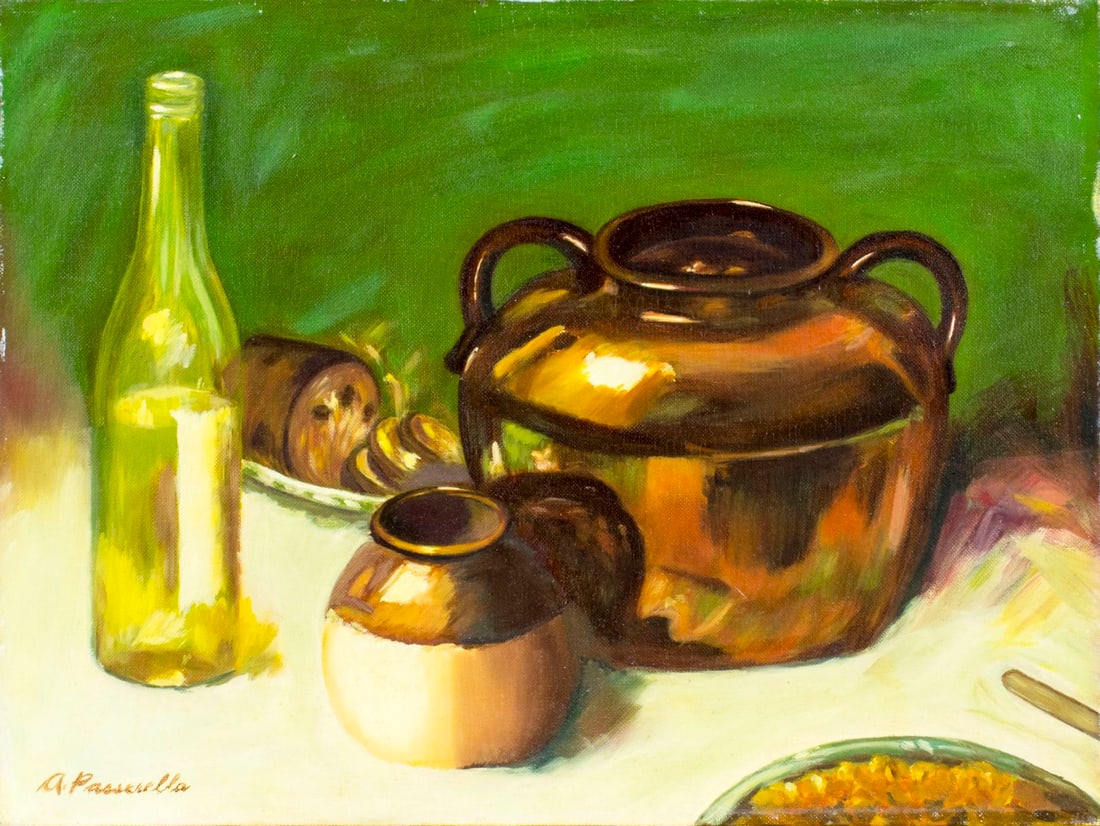 Anthony Passerella (US,mid 20C) oil painting: ARTIST: Anthony Passerella (American, mid 20 century) NAME: Still Life YEAR: 1962 MEDIUM: oil on canvas board CONDITION: Very good. No visible inpaint under UV light.