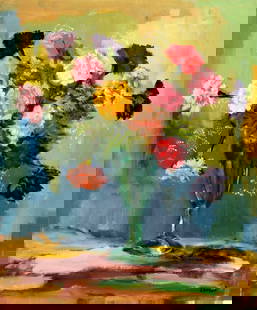 Loube (Europe,20C) oil painting: ARTIST: Loube (European, 20 century) TITLE: Still Life with Vase of Flowers MEDIUM: oil on canvas CONDITION: Unstretched (In-House stretching available). Minor craquelure. No visible inpaint under UV