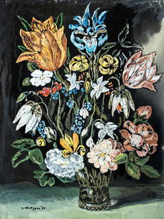 Evelyn Metzger (NY,Brazil,1911-2007) oil painting: ARTIST: Evelyn Borchard Metzger (New York, Brazilian, 1911 - 2007) TITLE: Still Life with Vase of Flowers YEAR: 1998 MEDIUM: oil on board CONDITION: Some damage to the right edge. Some