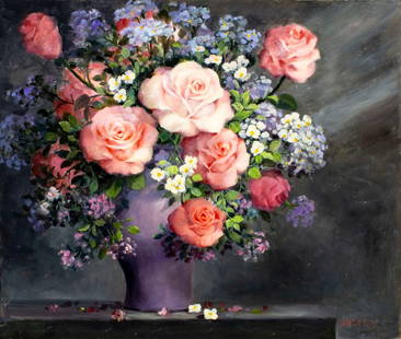 C S Henry (Europe,20C) oil painting: ARTIST: C S Henry (European, 20 century) TITLE: Still Life with Vase of Flowers MEDIUM: oil on canvas CONDITION: Unstretched (In-House stretching available). Few minor paint