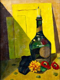 Madge Tillotson (CA,mid 20C) oil painting: ARTIST: Madge Tillotson (California, mid 20 century) TITLE: Still Life with Bottle and Flowers YEAR: 1954 MEDIUM: oil on canvas board CONDITION: Few smal