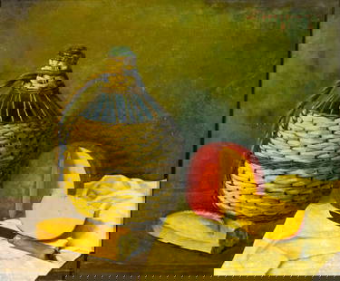 Eugene Bergeron (French,?-1996) oil painting: ARTIST: Eugene Bergeron (France, ??? - 1996) TITLE: Still Life with Cheese, Bread and Bottle MEDIUM: oil on board CONDITION: Some small scratches/paint losses. Minor craquelure. No visible inpaint