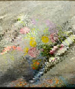 A D Alexander (US,early 20C) oil painting antique: ARTIST: A D Alexander (American, early 20 century) TITLE: Still Life with Vase of Flowers YEAR: 1937 MEDIUM: oil on board CONDITION: Few minor scratches/
