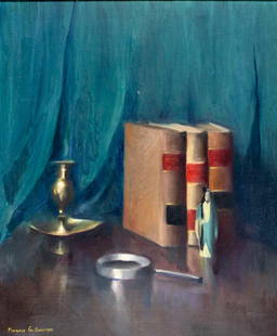 Florence G Kaufman (US,mid 20C) oil painting: ARTIST: Florence G Kaufman (American, mid 20 century) TITLE: Still Life with Books MEDIUM: oil on canvas CONDITION: Minor paint losses. Minor craquelure. No visible inpaint under UV light. ART SIZE: