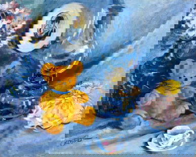 Diana Creber (US,20C) oil painting: ARTIST: Diana Creber (American, 20 century) TITLE: Still Life with Teddy Bear YEAR: 1990s MEDIUM: oil on canvas CONDITION: One faint scratch. No visible