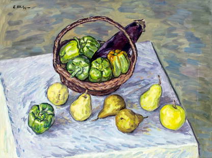 Evelyn Metzger (NY,Brazil,1911-2007) oil painting: ARTIST: Evelyn Borchard Metzger (New York, Brazilian, 1911 - 2007) TITLE: Still Life with Fruit and Vegetables MEDIUM: oil on board CONDITION: Some scratches. No visible i