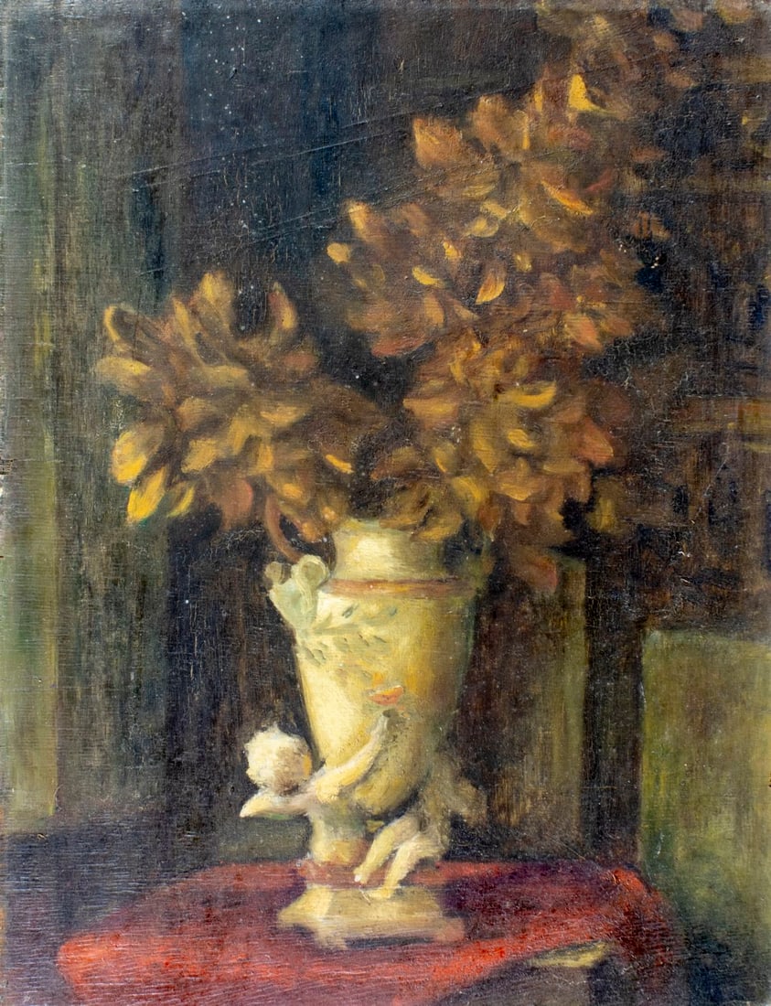 Antique early 20C American oil painting: ARTIST: - (American, early 20 century) TITLE: Still Life with Vase of Flowers MEDIUM: oil on board CONDITION: Some damages to edges. Some surface cracks. Missing a few fla