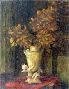 Antique early 20C American oil painting: ARTIST: - (American, early 20 century) TITLE: Still Life with Vase of Flowers MEDIUM: oil on board CONDITION: Some damages to edges. Some surface cracks. Missing a few fla