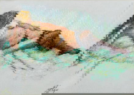 J May (US,20C) pastel painting: ARTIST: J May (American, 20 century) TITLE: Reclining Nude YEAR: 1985 MEDIUM: pastel on paper CONDITION: Very good. Framed under glass. ART SIZE: 14 x 20 inches / 35 x 50 cm FRAME SIZE: 20 x 26