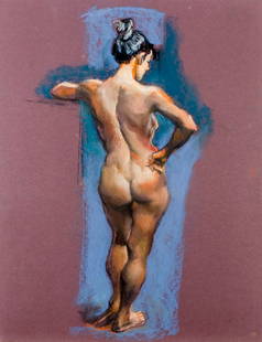 Karl Foster (PA,b 1933) pastel painting: ARTIST: Karl Foster (Pennsylvania, born 1933) TITLE: Nude MEDIUM: pastel on heavy paper CONDITION: Very good. ART SIZE: 26 x 20 inches / 66 x 50 cm FRAME SIZE: unframed (In-House framing available)