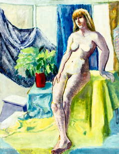 Vintage mid 20C American oil painting: ARTIST: - (American, mid 20 century) TITLE: Nude MEDIUM: oil on canvas CONDITION: Few very minor paint losses. No visible inpaint under UV light. Normal wear along edges. ART SIZE: 36 x 28 inches /