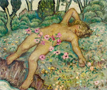 Elliot Torrey (CA,VT,1867-1949) oil painting: ARTIST: Elliot Bouton Torrey (California, Vermont, 1867 - 1949) NAME: Birth Of Psyche (titled on verso) MEDIUM: oil on canvas board CONDITION: Missing few flakes of paint. No visible inpaint under UV