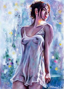 Valentin Ukrainets (Ukraine,b 1965) oil painting: ARTIST: Valentin Ukrainets (Ukrainian, born 1965) TITLE: Semi Nude - A Beautiful Brunette Woman in a Cozy Room (titled on verso) MEDIUM: oil on canvas CONDITION: Unstretched