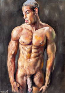 Valentin Ukrainets (Ukraine,b 1965) oil painting: ARTIST: Valentin Ukrainets (Ukrainian, born 1965) TITLE: Male Nude - A Big Guy (titled on verso) MEDIUM: oil on canvas CONDITION: Unstretched (In-House stretching available)