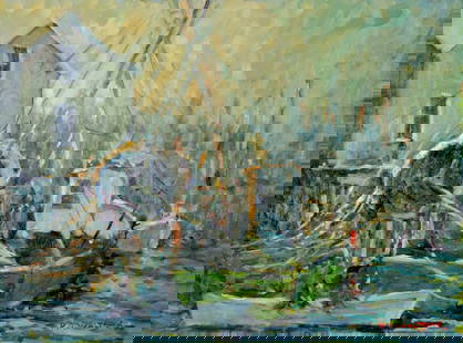 Robert Waltsak (NJ,b 1944) oil painting: ARTIST: Robert Alan Waltsak (New Jersey, born 1944) TITLE: Harbor Scene MEDIUM: oil on canvas CONDITION: Very good. No visible inpaint under UV light. Normal wear along edges. ART SIZE: 18 x 24