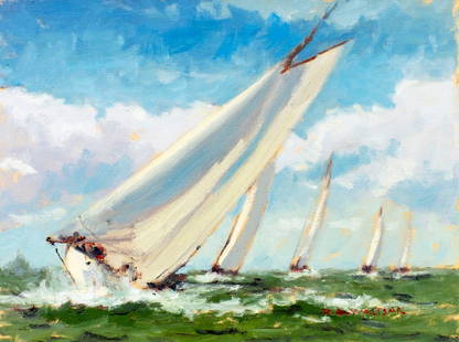 Robert Waltsak (NJ,b 1944) oil painting: ARTIST: Robert Alan Waltsak (New Jersey, born 1944) TITLE: Seascape with Sailing Yachts MEDIUM: oil on canvas board CONDITION: Very good. No visible inpaint under UV light. ART SIZE: 12 x 16 inches /