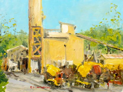Robert Waltsak (NJ,b 1944) oil painting: ARTIST: Robert Alan Waltsak (New Jersey, born 1944) TITLE: Cityscape MEDIUM: oil on board CONDITION: Few minor scratches/paint losses. No visible inpaint under UV light. ART SIZE: 12 x 16 inches / 30
