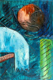 Pios Rodaman (FL,Brazil,b 1953) oil painting: ARTIST: Pios Rodaman (Florida, Brazilian, born 1953) TITLE: Abstract Composition MEDIUM: oil on canvas CONDITION: Some small scratches/paint losses. No visible inpaint under UV light. ART SIZE: 36 x