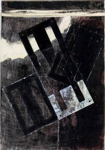 Larissa Geiss Osby (PA,German,1928-2017) mixed media painting: ARTIST: Larissa Geiss Osby (Pennsylvania, Germany, 1928 - 2017) TITLE: Variation on a Theme 4 (titled on verso) MEDIUM: mixed media on board CONDITION: Very good. Framed under glass. Wear to frame.