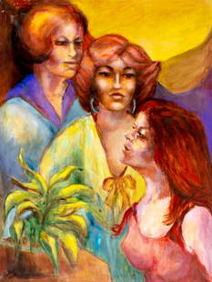 Thelma Thal (NY,1903-2001) oil painting: ARTIST: Thelma Thal (New York, 1903 - 2001) TITLE: Three Women MEDIUM: oil on canvas CONDITION: Some scratches/paint losses. No visible inpaint under UV light. ART SIZE: 42 x 32 inches / 106 x 81 cm