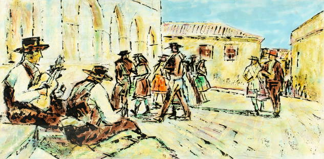 Evelyn Metzger (NY,Brazil,1911-2007) oil painting: ARTIST: Evelyn Borchard Metzger (New York, Brazilian, 1911 - 2007) TITLE: Street Scene with Musicians YEAR: 1990 MEDIUM: oil on board CONDITION: Minor damages to corners. Few small faint scratches.