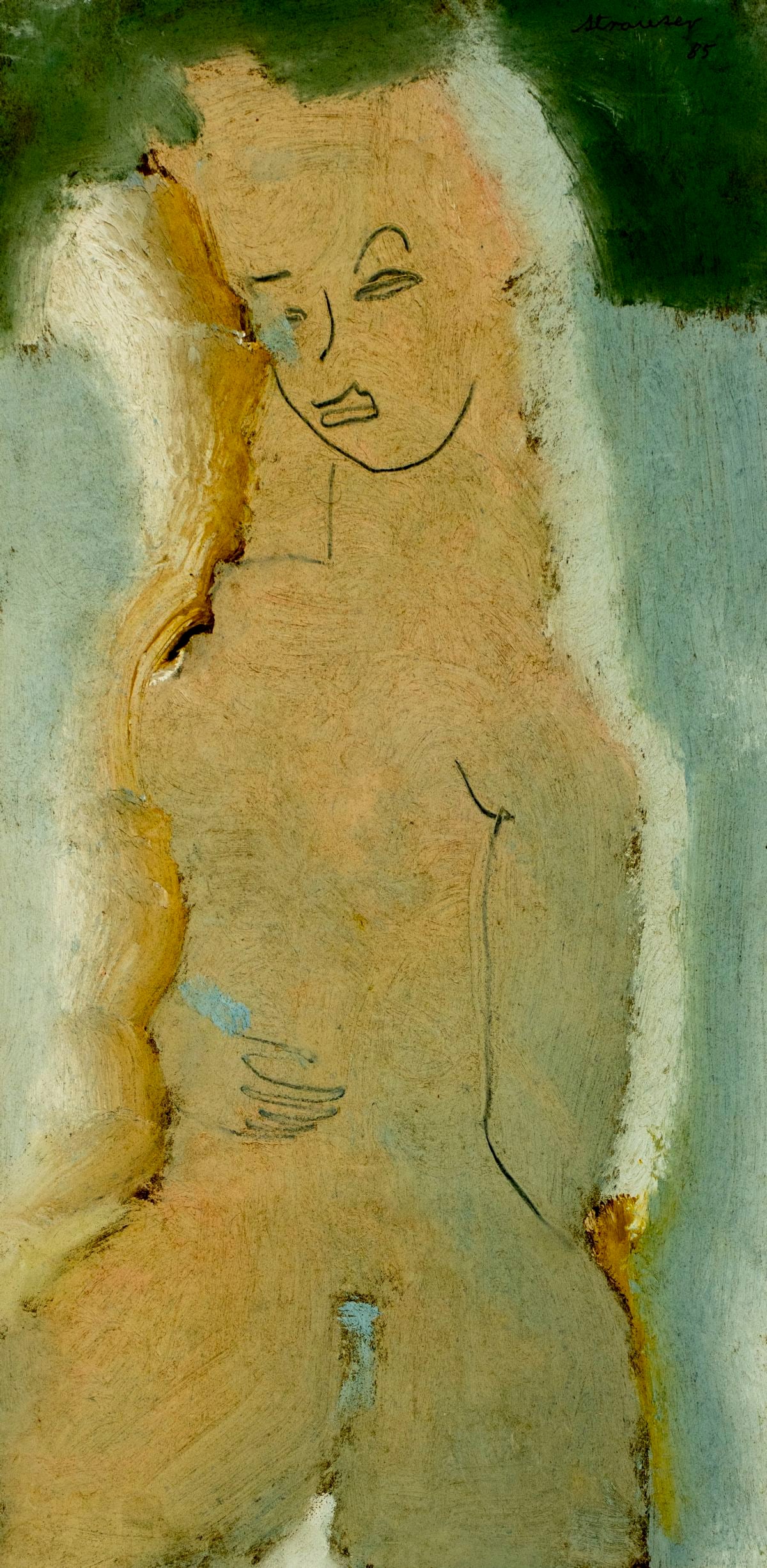 Sterling Strauser (PA,1907-1995) oil painting: ARTIST: Sterling Boyd Strauser (Pennsylvania, 1907 - 1995) TITLE: Nude YEAR: 1985 MEDIUM: oil on board CONDITION: Some small faint scratches. No visibl