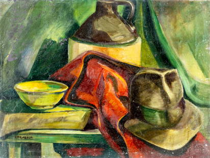 William Corasick (PA,1907-2002) oil painting: ARTIST: William W Corasick (Pennsylvania, 1907 - 2002) TITLE: Still Life with Hat MEDIUM: oil on canvas CONDITION: One small patch. Some scratches/paint losses mostly in the upper left quadrant
