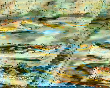 Evelyn Metzger (NY,Brazil,1911-2007) oil painting: ARTIST: Evelyn Borchard Metzger (New York, Brazilian, 1911 - 2007) TITLE: Coastal Landscape with Boats MEDIUM: oil on board CONDITION: Some small damage to the upper right corner. No visible