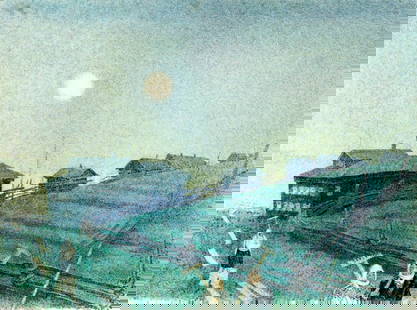 Tayssiya Skorodumova (Russia,1928-2020) watercolor painting: ARTIST: Tayssiya Nikolayevna Skorodumova (Russian, 1928 - 2020) TITLE: Country Scene MEDIUM: watercolor on paper CONDITION: Some pinholes along edges. Minor age toning. Framed under glass. Wear to