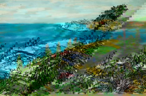 Evelyn Metzger (NY,Brazil,1911-2007) oil painting: ARTIST: Evelyn Borchard Metzger (New York, Brazilian, 1911 - 2007) TITLE: Coastal Landscape YEAR: 1991 MEDIUM: oil on board CONDITION: Some scratches/p