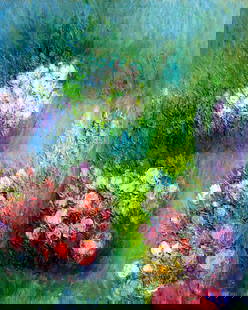 Yolanda Razzeto (Peru,1948-?) oil painting: ARTIST: Yolanda Razzeto (Peruvian, 1948 - ???) TITLE: Flower Field Landscape MEDIUM: oil on canvas CONDITION: Unstretched (In-House stretching available). Missing a few fl