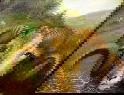 Antique early 20C American oil painting: ARTIST: - (American, early 20 century) TITLE: Rams Head MEDIUM: oil on canvas CONDITION: Some repaired tears. Some small scratches/paint losses. Some craquelure. Some scat