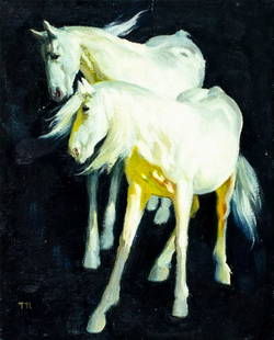 Vintage 20C American oil painting: ARTIST: - (American, 20 century) TITLE: Two White Horses MEDIUM: oil on canvas. Canvas applied to board. CONDITION: Missing a few flakes of paint. No visible inpaint under