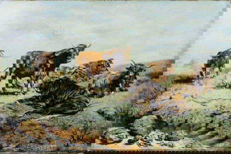 Antique 19C European oil painting: ARTIST: - (Europe, 19 century) TITLE: Longhorn Cattle MEDIUM: oil on canvas CONDITION: Relined. Few minor paint losses. Minor craquelure. Some scattered inpaintings. Norm