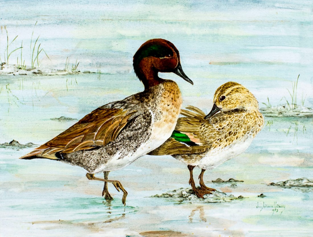 Judy Rathbun Whitney (CA,20C) acrylic painting: ARTIST: Judy Rathbun Whitney (California, 20 century) NAME: Green Wing Teal Ducks (titled on verso) YEAR: 1982 MEDIUM: acrylic on canvas CONDITION: Very good. No visible