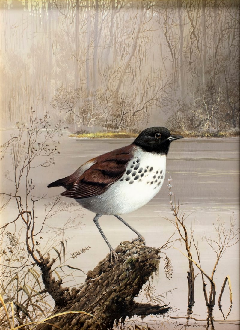 Santos (US,20C) acrylic painting: ARTIST: Santos (American, 20 century) TITLE: Bird MEDIUM: acrylic on board CONDITION: Very good. No visible inpaint under UV light. ART SIZE: 12 x 9 inch