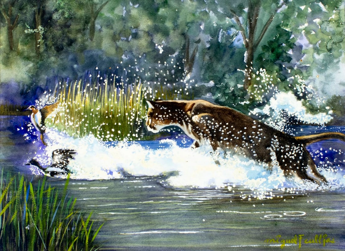 Miguel F Callejas (Cuba,1929-?) mixed media painting: ARTIST: Miguel F Callejas (Cuban, 1929 - ???) TITLE: Panther Hunting Ducks MEDIUM: mixed media on paper CONDITION: Some foxing. Framed under glass. ART SIZE: