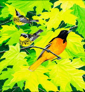 Michael Warren (UK,1938-?) watercolor painting: ARTIST: Michael Warren (United Kingdom, 1938 - ???) TITLE: Northern Oriole and Two Male Magnolia Warblers (titled on verso) YEAR: 1987 MEDIUM: watercolor on heavy paper