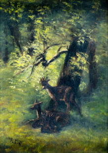 Antique 19C German oil painting signed: ARTIST: - (Germany, 19 century) TITLE: Deer in the Woods MEDIUM: oil on canvas CONDITION: Three small patches with corresponding paint losses. Some craquelure. No visible