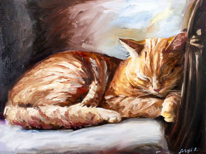 Alex Siryi (Ukraine,b 1997) oil painting: ARTIST: Alex Siryi (Ukrainian, born 1997) TITLE: Sleeping Ginger Cat MEDIUM: oil on canvas CONDITION: Unstretched (In-House stretching available). Very good. No visible inpa