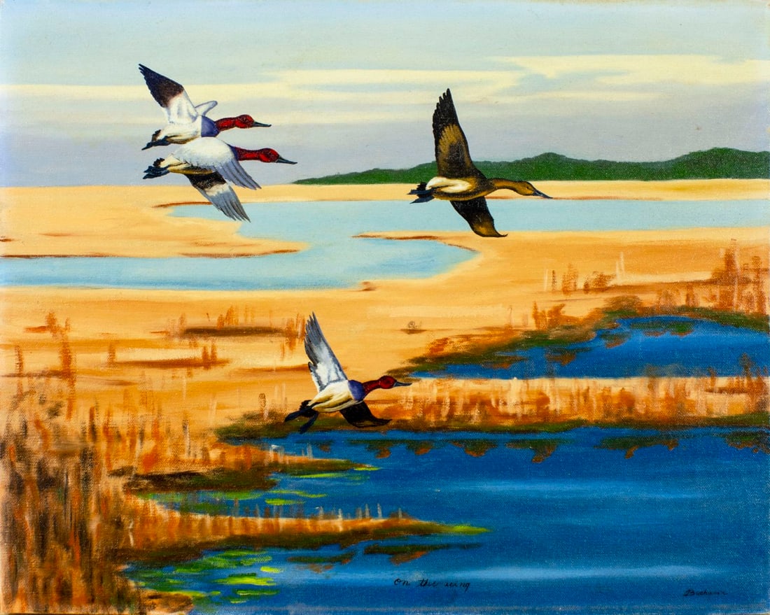 Buchanan (US,20C) oil painting: ARTIST: Buchanan (American, 20 century) TITLE: Ducks - On the Wing MEDIUM: oil on canvas CONDITION: Very good. No visible inpaint under UV light. ART SIZE: