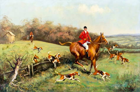 C H Edward (UK,20C) oil painting: ARTIST: C H Edward (United Kingdom, 20 century) TITLE: Hunting Scene with Dogs MEDIUM: oil on canvas CONDITION: Unstretched (In-House stretching available). Overall good. No