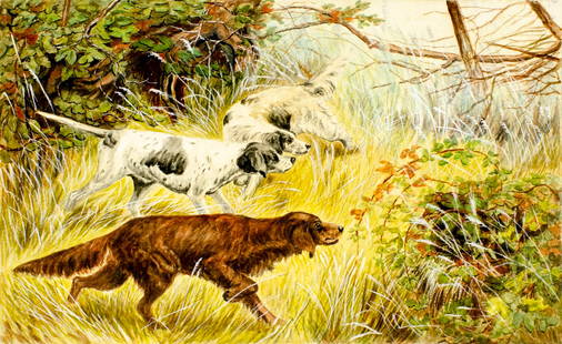 Antique early 20C American oil painting signed: ARTIST: - (American, early 20 century) TITLE: Hunting Dogs MEDIUM: watercolor on paper CONDITION: Some tears to edge and corners. Some foxing. Some age toning.