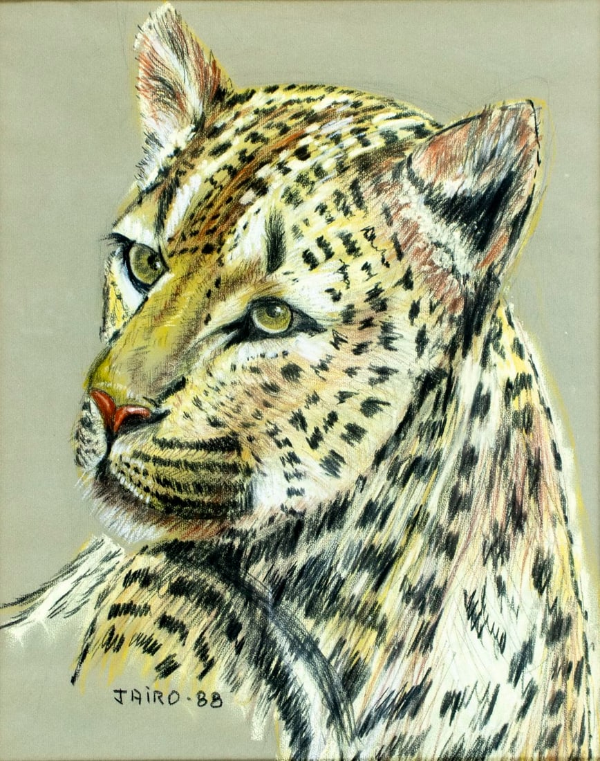 Jairo (20C) pastel painting: ARTIST: Jairo (20 century) TITLE: Leopard YEAR: 1988 MEDIUM: pastel on paper CONDITION: Very good. Framed under glass. Wear to frame. ART SIZE