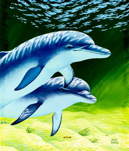 Chuck Ripper (WV,PA,1929-2019) gouache painting: ARTIST: Chuck Ripper (West Virginia, Pennsylvania, 1929 - 2019) TITLE: Scuba Diver Swimming with Dolphins (titled on verso) YEAR: 1994 MEDIUM: gouache on board