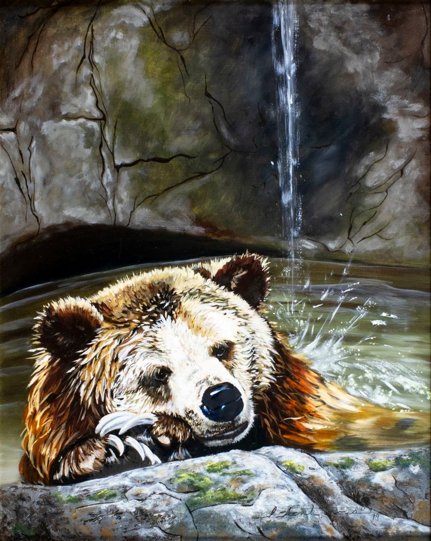 Linda Kent Rous (US,1947-?) oil painting: ARTIST: Linda Kent Rous (American, 1947 - ???) TITLE: Grizzly Sauna (titled on verso) YEAR: 1999 MEDIUM: oil on board CONDITION: Very good. No visible
