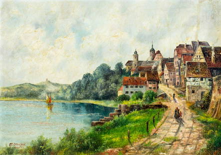 Eugen von Ottenfeld (Austria,1874-1947) oil painting antique: ARTIST: Eugen von Ottenfeld (Austrian, 1874 - 1947) NAME: Lake Landscape YEAR: 1921 MEDIUM: oil on canvas. Canvas applied to board. CONDITION: Minor paint loss by the rig
