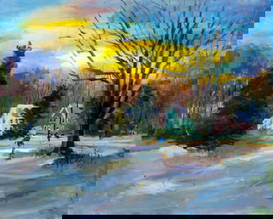 John Reilly (NY,NJ,1942-2021) oil painting: ARTIST: John Reilly (New York, New Jersey, 1942 - 2021) TITLE: Sunset Winter Town Scene MEDIUM: oil on board CONDITION: Some scratches/paint losses. No visible inpaint und